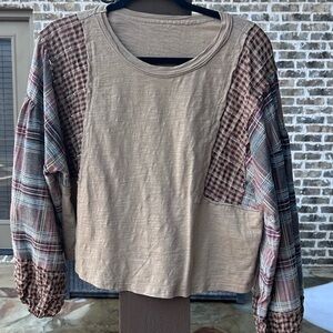 SHEIN Plaid Patchwork Top - Brown and Tan